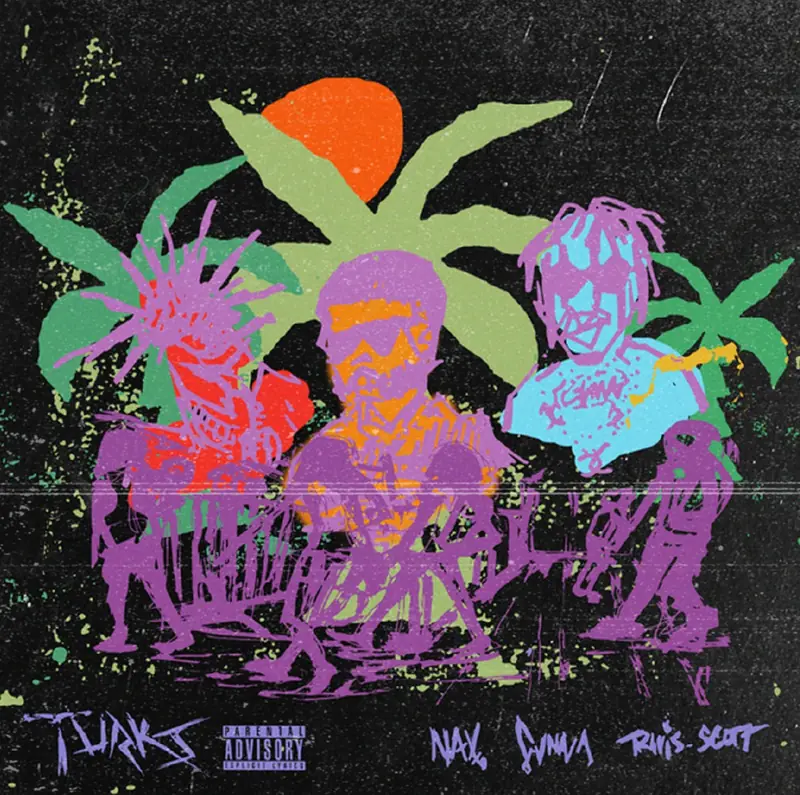 Turks single cover: neon-green and magenta illustrated portraits under palm leaves