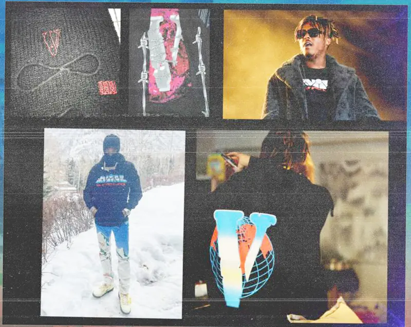 Juice WRLD in VLONE merch, a VLONE V hoodie, and fans wearing pieces from the line