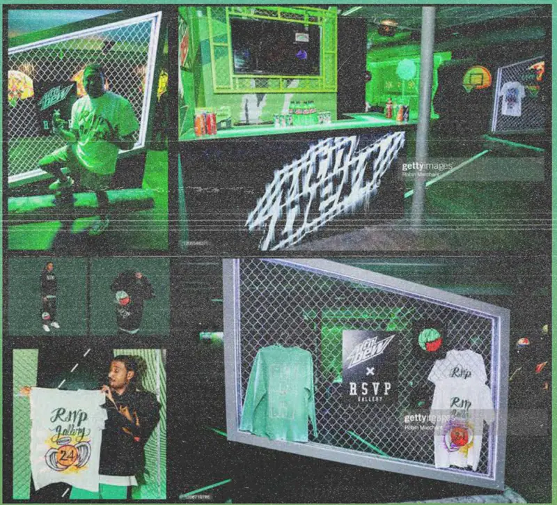 MTN Dew Courtside Studios set lit green, with the RSVP merch wall and a fan holding a capsule tee